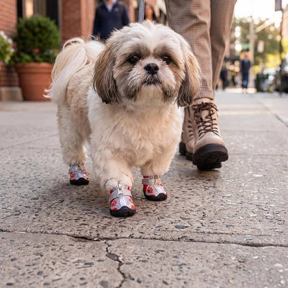 promenade shih tzu portant chaussure pour chien rouge en ville