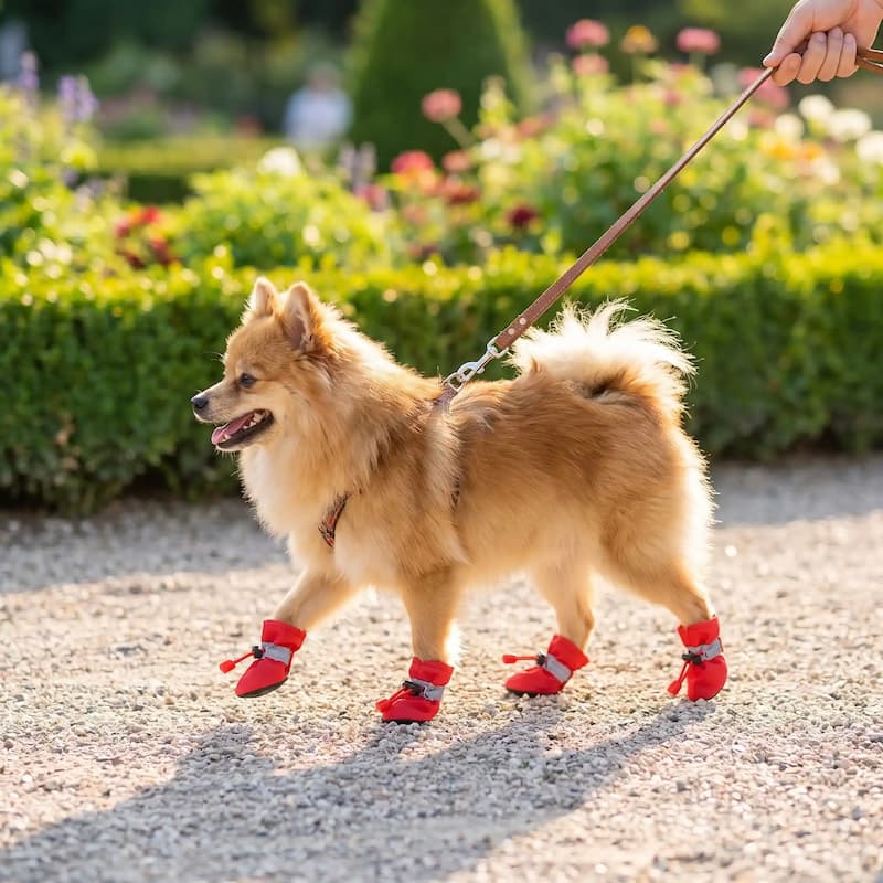 promenade spitz marchant avec chaussure chiens rouge sur gravier