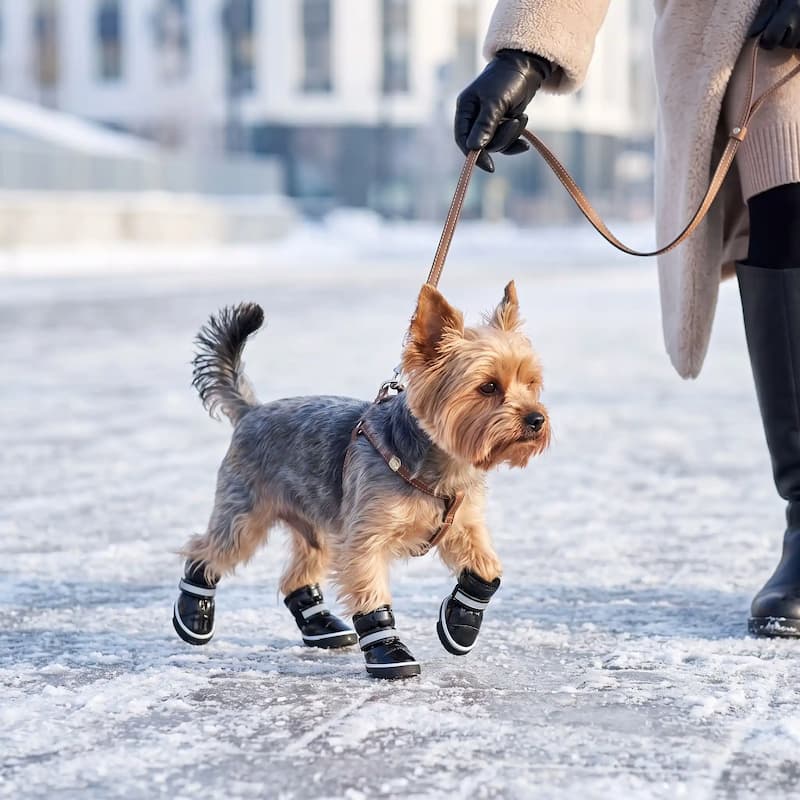 promenade yorkshire portant chaussures pour chien noir sur verglas