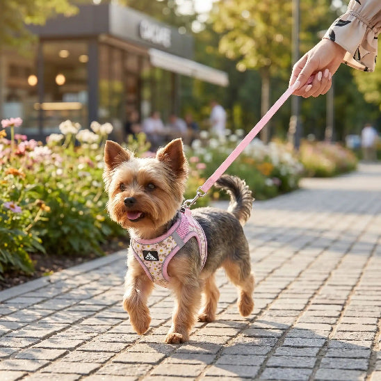 promenade yorkshire portant harnais pour petit chien rose motif fleuri