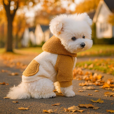 pull chien caramel sur chien blanc assis devant maison automne