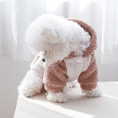 pull chien rose sur chien blanc assis tournant la tete