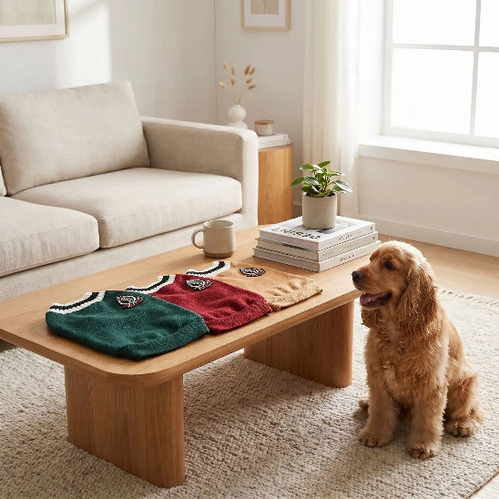 pull pour chien vert bordeaux camel table salon avec cocker