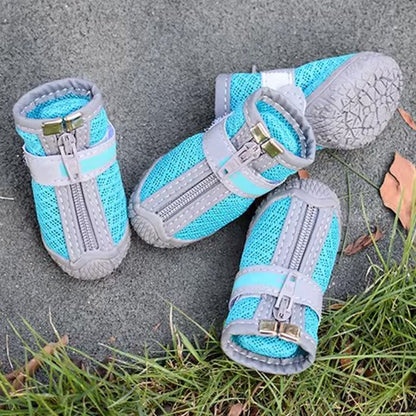 quatre chaussures pour chien turquoises maille respirante sur béton