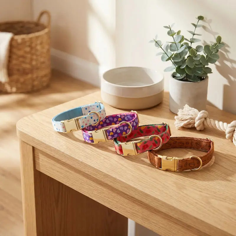 quatre collier chiot plusieurs motifs sur table