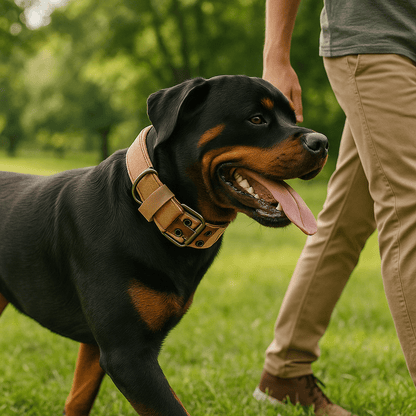 rottweiler avec collier pour chien marche dans herbe avec maitre
