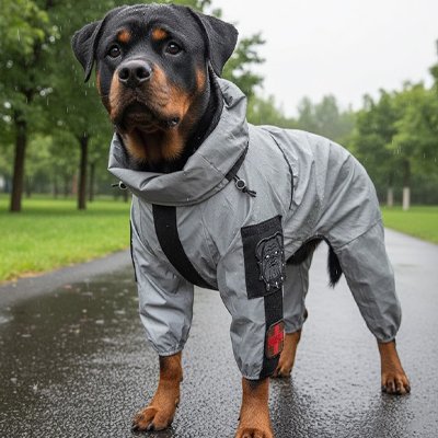 rottweiler dans parc sous pluie avec imperméable pour chien