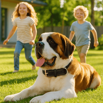 saint bernard collier chien cuir noir allonge herbe enfants derriere