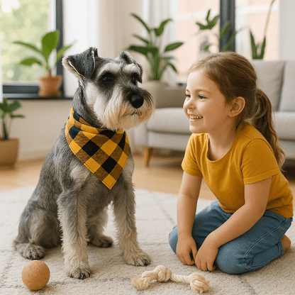 schnauzer assis salon bandana chien carreaux jaune noir