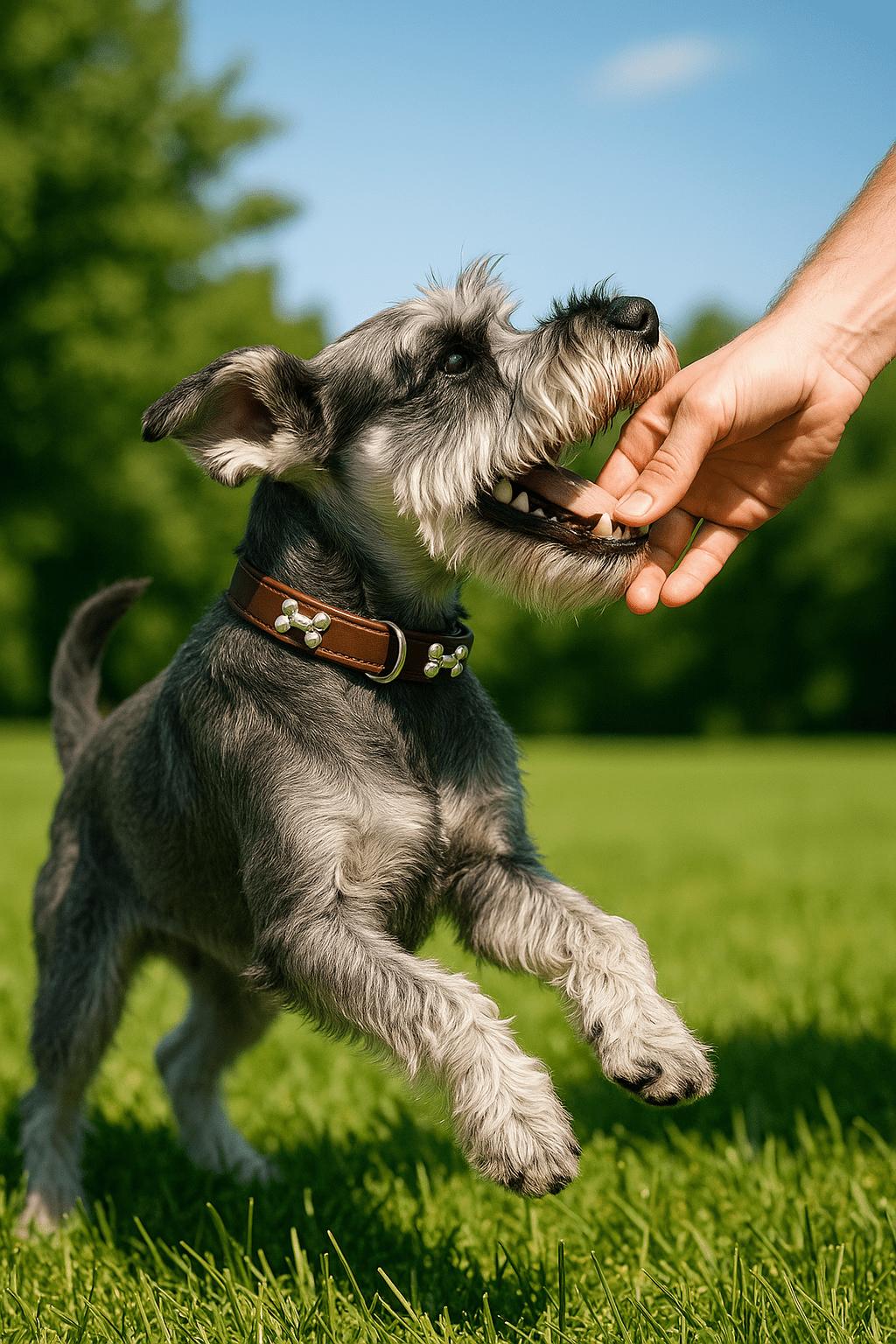 schnauzer avec collier pour chien chocolat joue dans l herbe