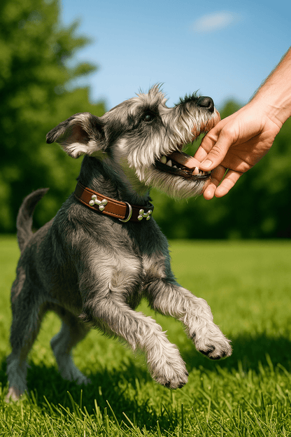 schnauzer avec collier pour chien chocolat joue dans l herbe