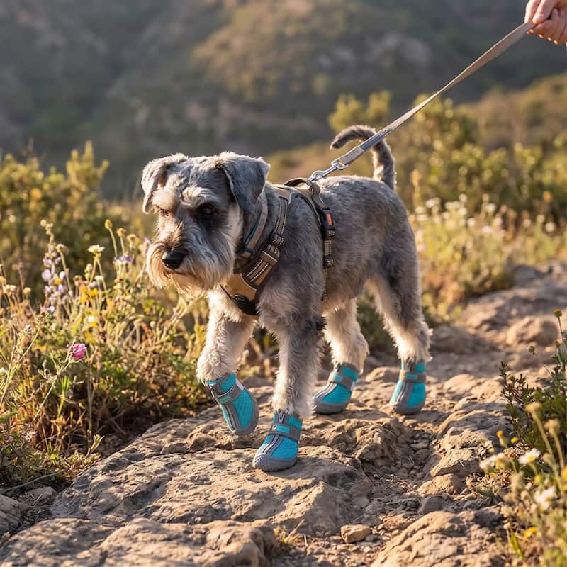 schnauzer marchant sur chemin rocailleux avec chaussures pour chien turquoises 