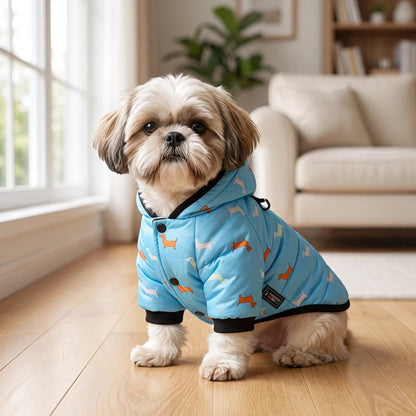 shih tzu assis salon portant manteau chien bleu 