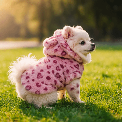 spitz assis dans herbe portant manteau chien leopard rose