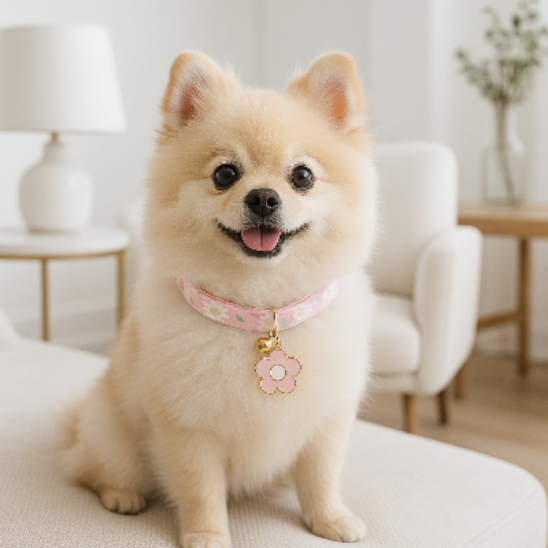 spitz assis lit avec collier chiot fleur rose