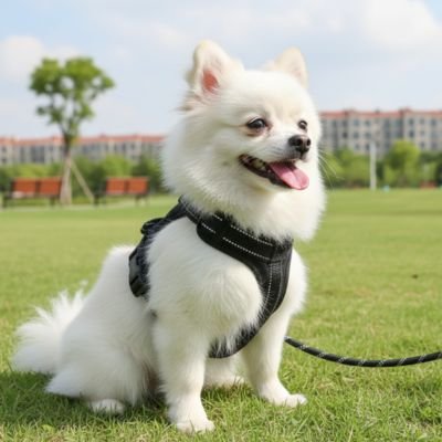 spitz blanc assis herbe portant harnais pour petit chien noir