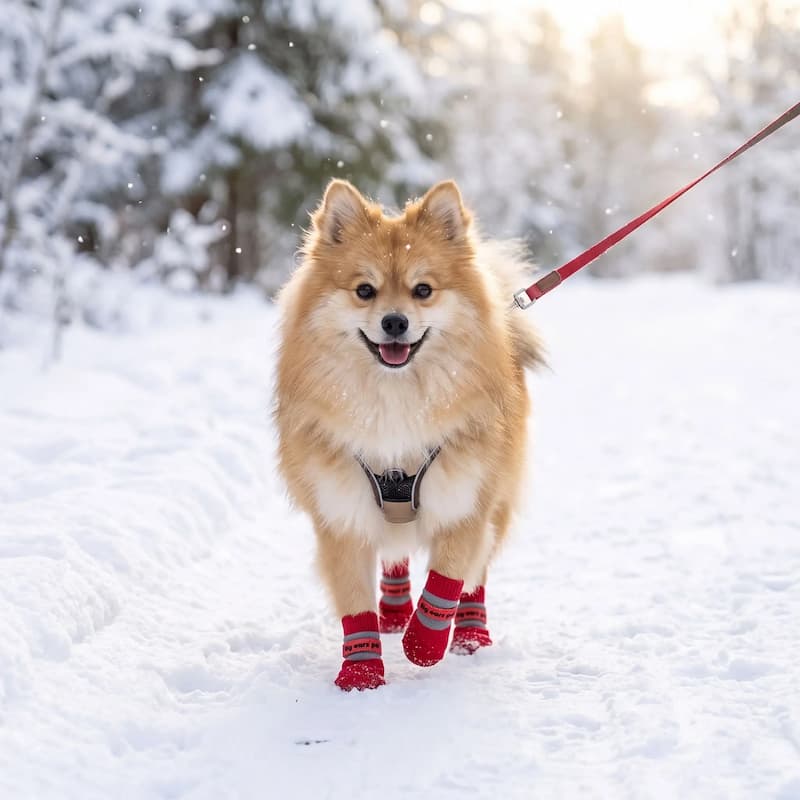 spitz marchant sur neige avec chausson pour chien rouge