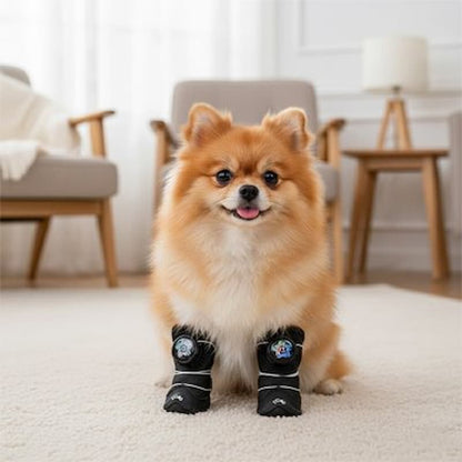 spitz portant chaussures pour chien a molette assis sur tapis