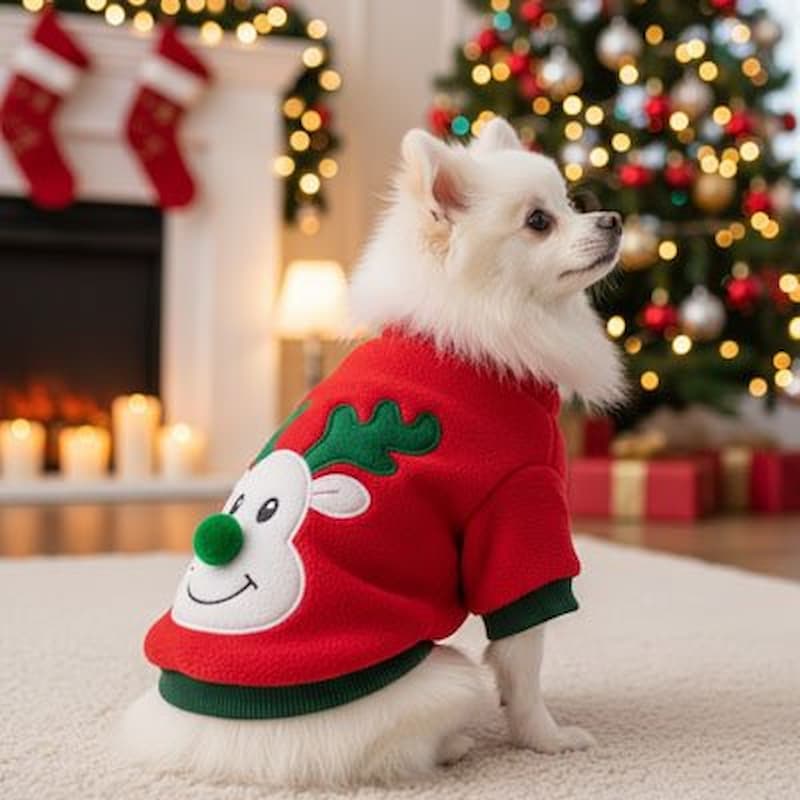 spitz portant pull pour chien renne rouge décor noël