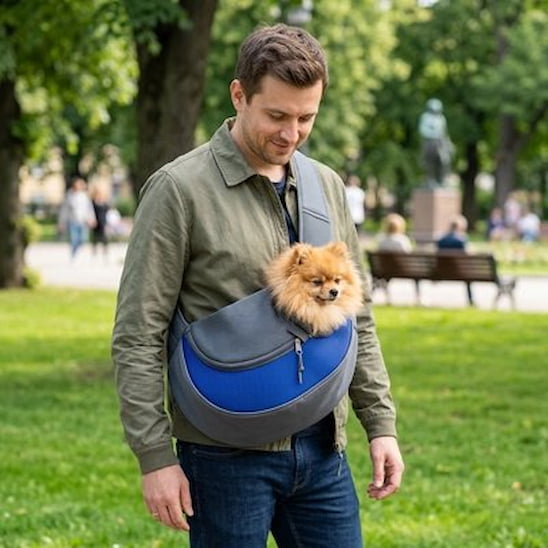 spitz sac pour transporter chien bandoulière sur homme parc