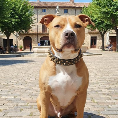 staffie assis sur une place collier chien noir