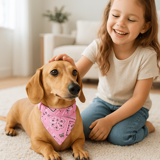 teckel allonge tapis salon bandana chien rose fille caresse