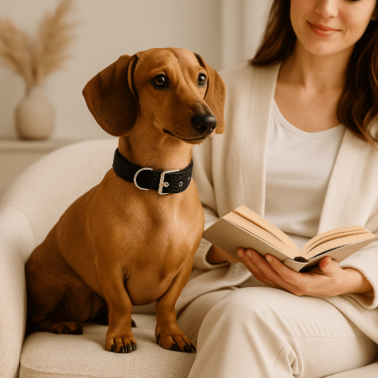 teckel assis fauteuil collier pour chien noir femme qui lit