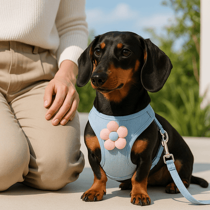 teckel assis harnais pour petit chien bleu