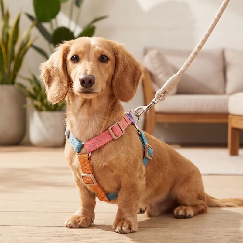 teckel beige assis portant harnais chien multicolore en h
