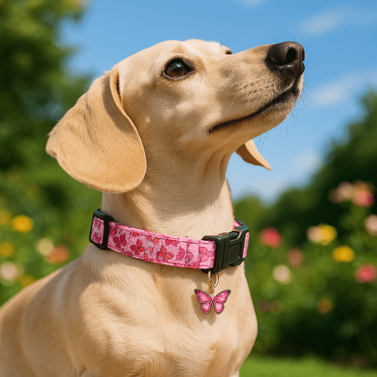 teckel beige regarde ciel collier chiot papillon