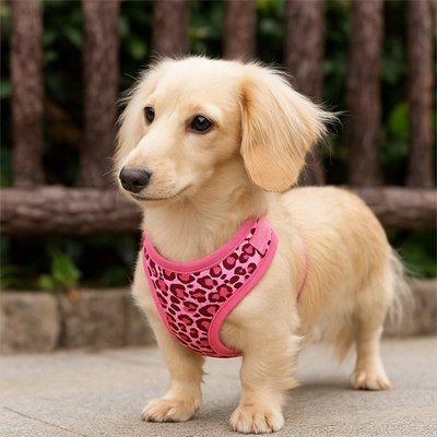 teckel debout avec harnais petit chien rose vif