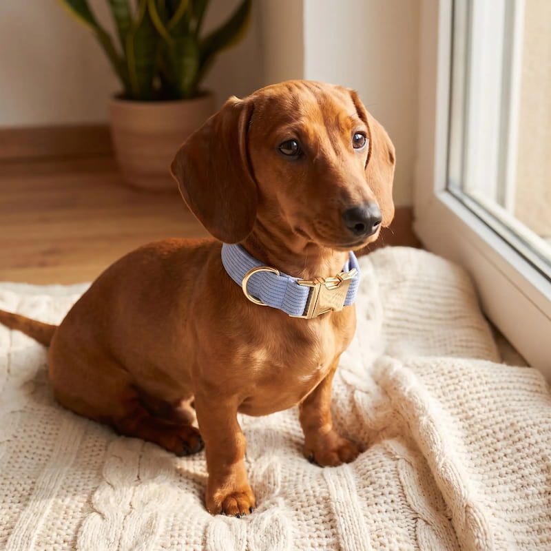 teckel portant collier chien bleu velours en intérieur