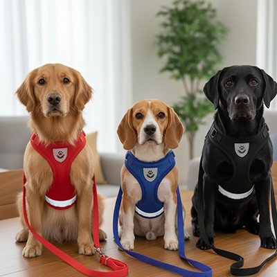 trois chiens differents portent harnais pour chien rouge bleu noir