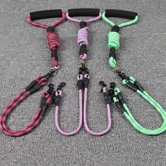 trois double laisse pour chien corde nylon rouge rose vert