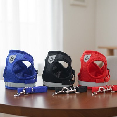 trois harnais pour chien bleu noir rouge sur table