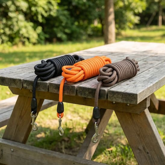 trois longe chien plusieurs couleurs alignees sur table exterieure