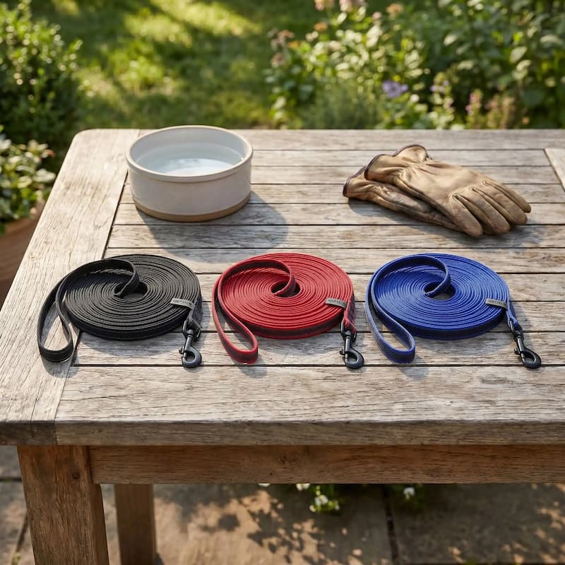 trois longe pour chien bicolore alignees sur table jardin