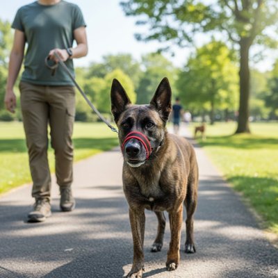 une personne promene malinois dans parc avec muselière rouge