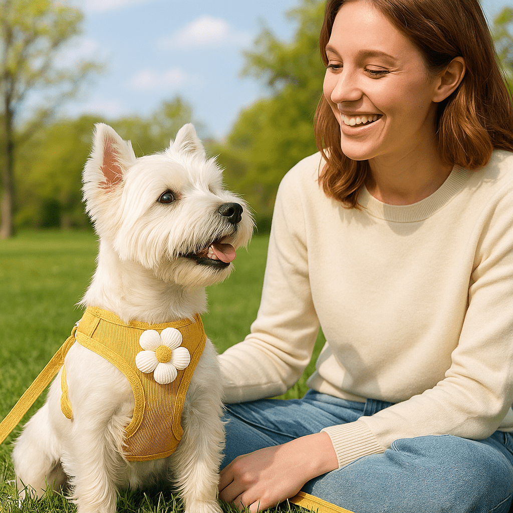 westie assis dans l herbe harnais pour petit chien jaune