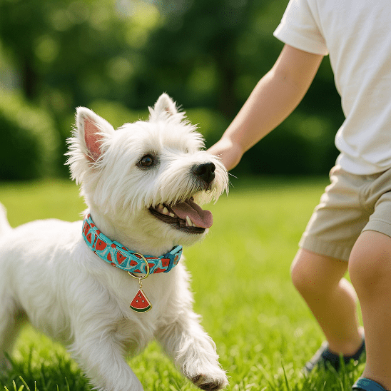 westie avec collier chien pasteque joue avec enfant