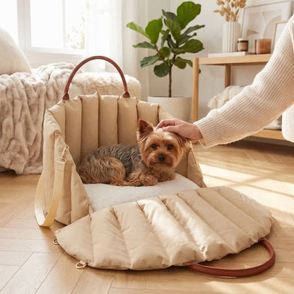yorkshire allongé dans sac transport chien kaki coussin moelleux