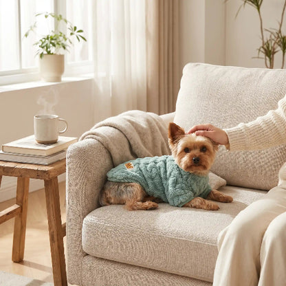 yorkshire allonge sur fauteuil avec pull chien vert
