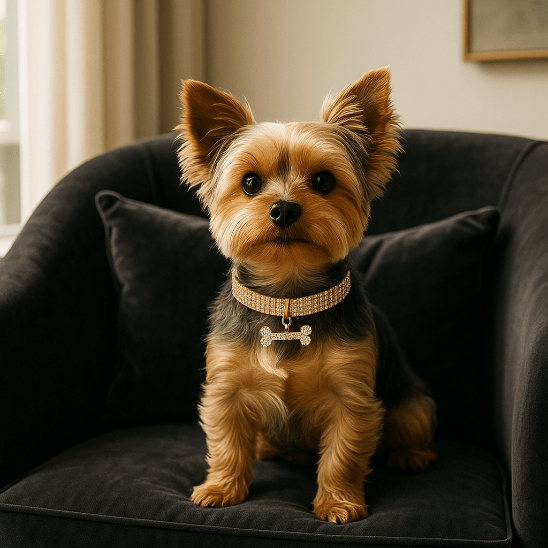 yorkshire assis fauteuil noir avec collier chiot or