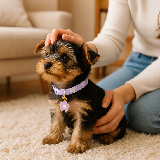 yorkshire assis tapis collier chiot fleur mauve femme caresse