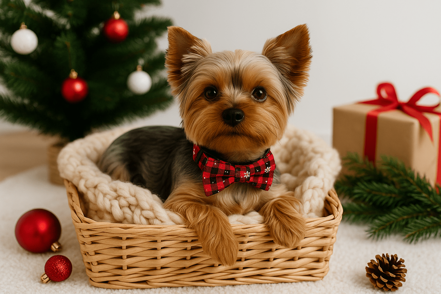 yorkshire dans panier avec collier chien rouge decorations noel