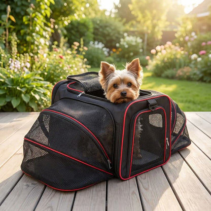 yorkshire dans sac de transport pour chien terasse jardin