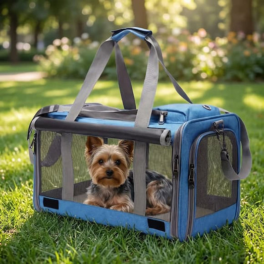 yorkshire dans sac pour transport chien bleu maille respirante