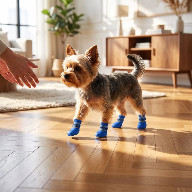 yorkshire en chausson pour chien bleu marche sur parquet