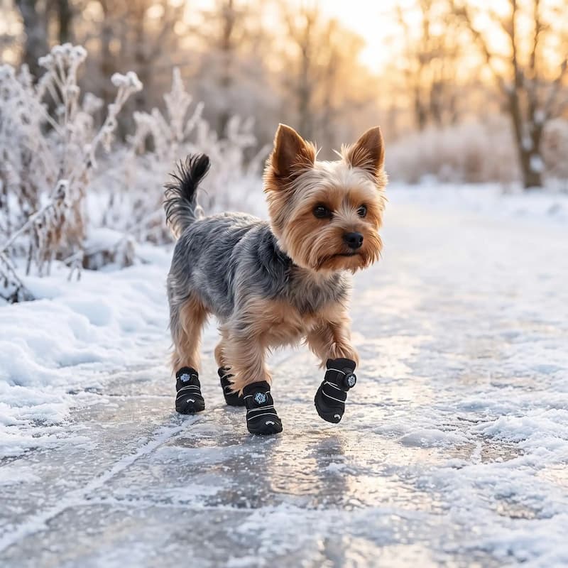 yorkshire marche sur verglas avec chaussures pour chien noires