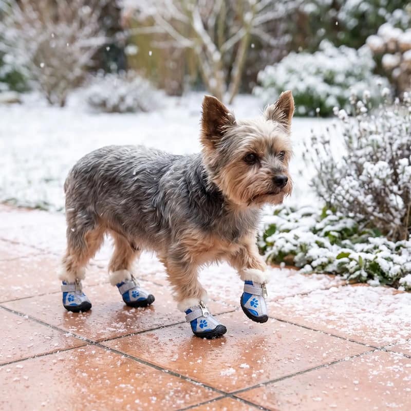 yorkshire sénior marchant carrelage enneigé chaussure pour chien bleu